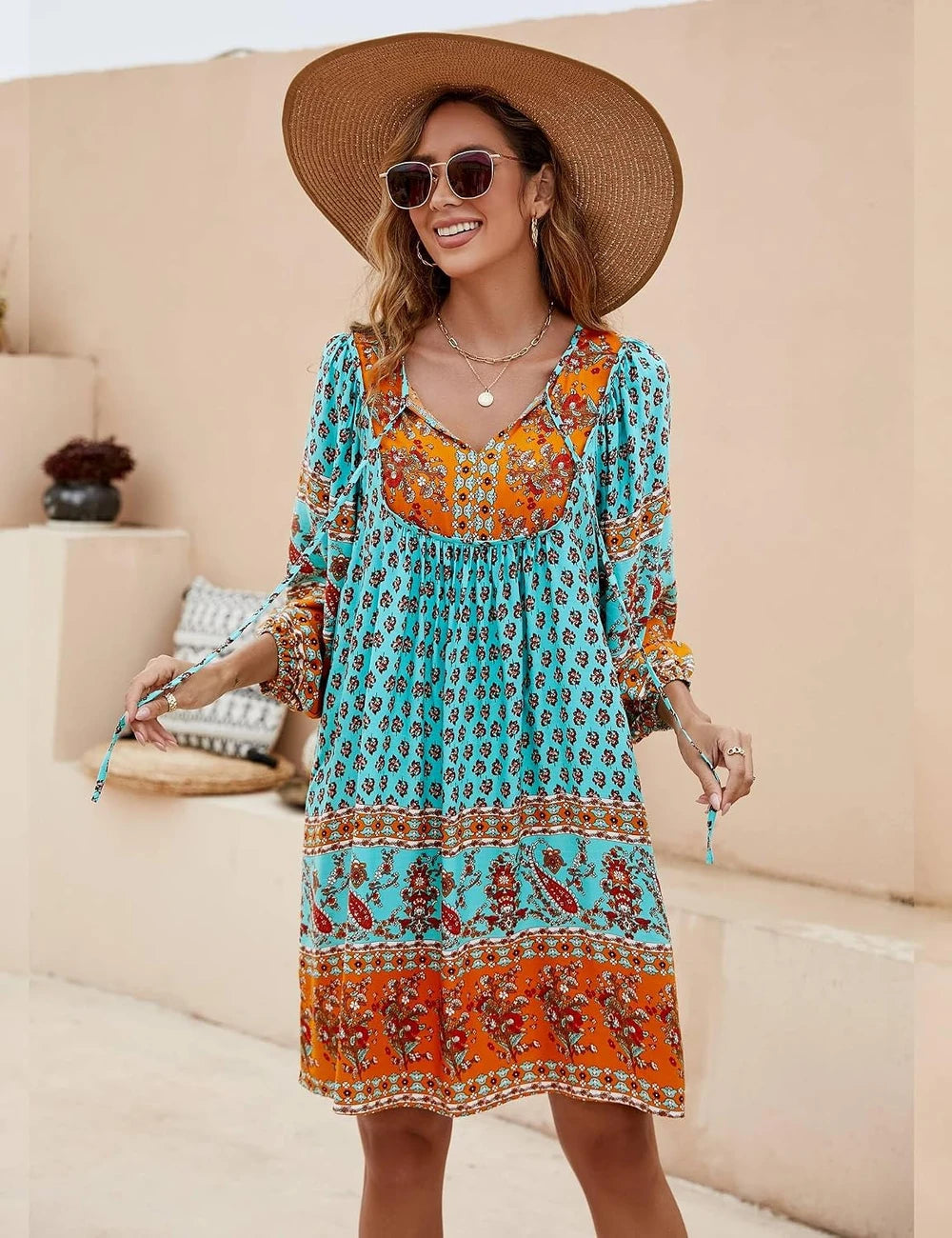Boho Floral V-Neck Babydoll Dress