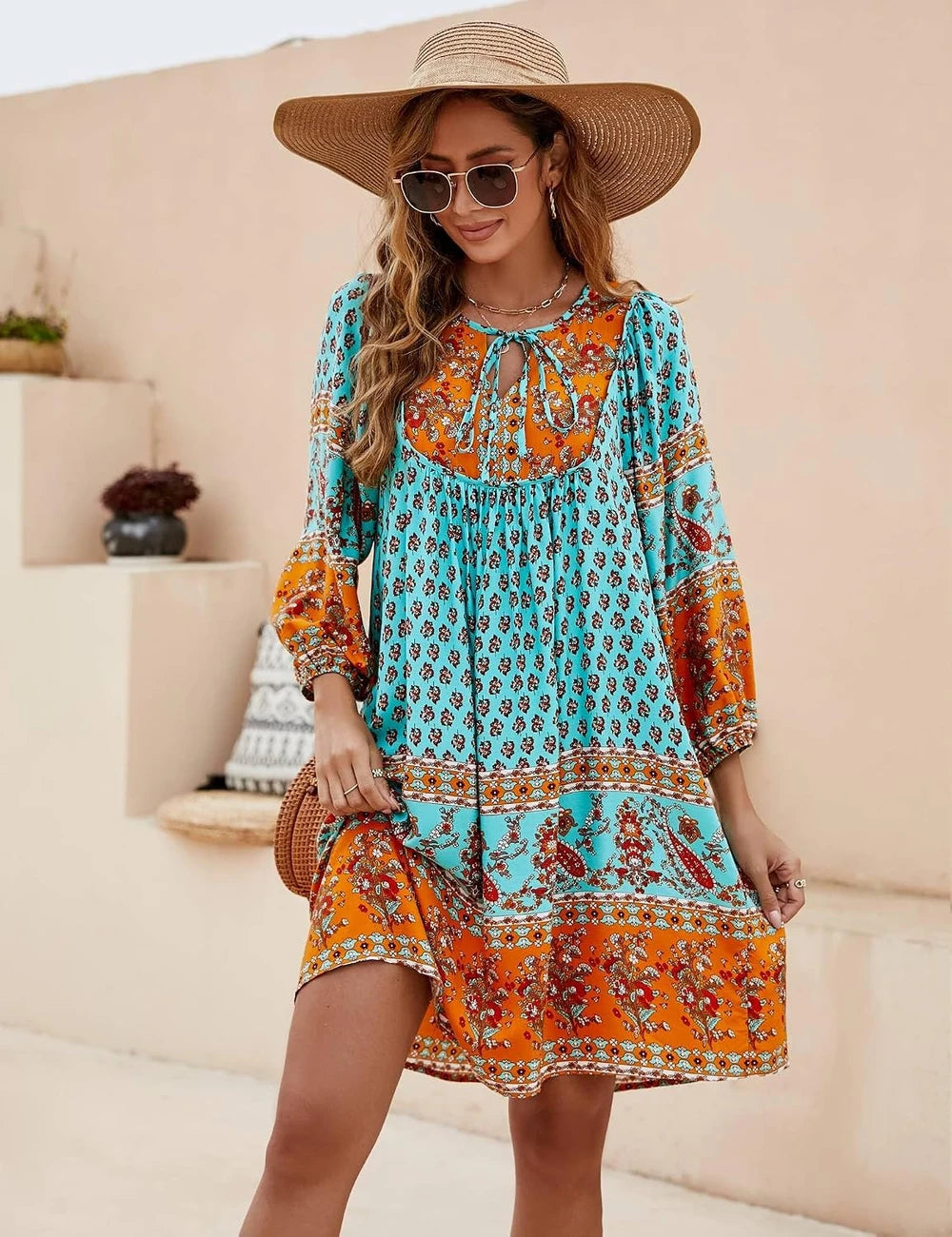 Boho Floral V-Neck Babydoll Dress