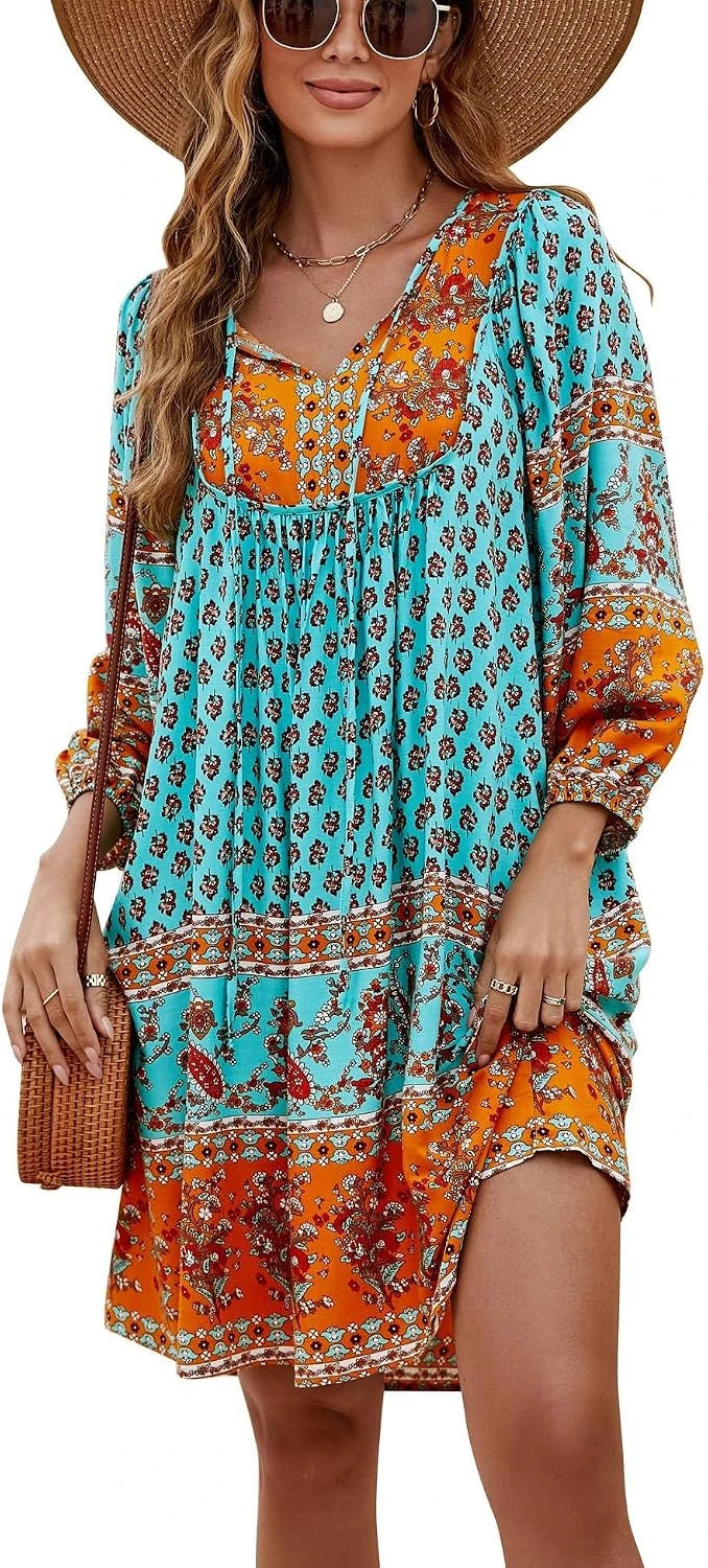 Boho Floral V-Neck Babydoll Dress
