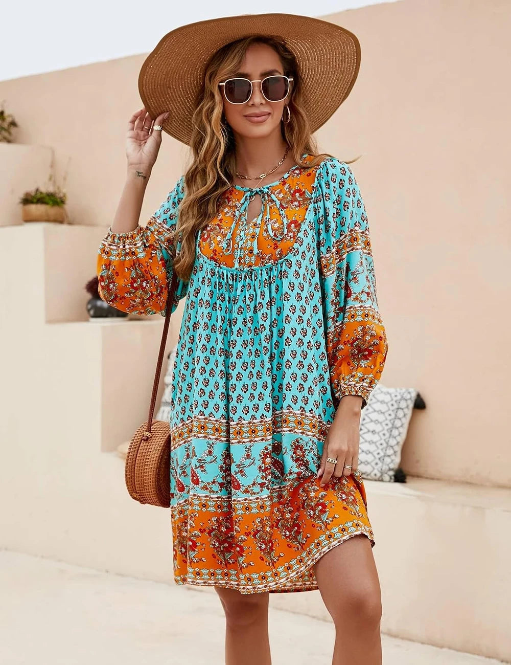 Boho Floral V-Neck Babydoll Dress