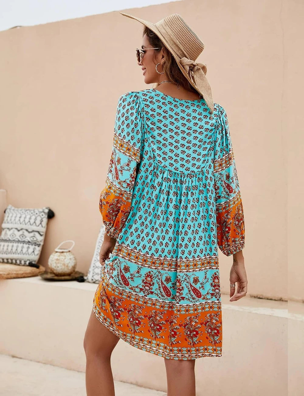 Boho Floral V-Neck Babydoll Dress