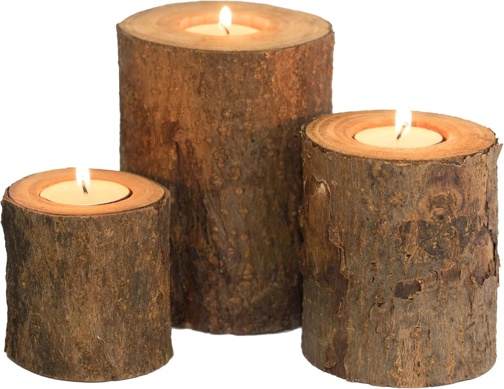 Rustic Bark Wood Candle Holders