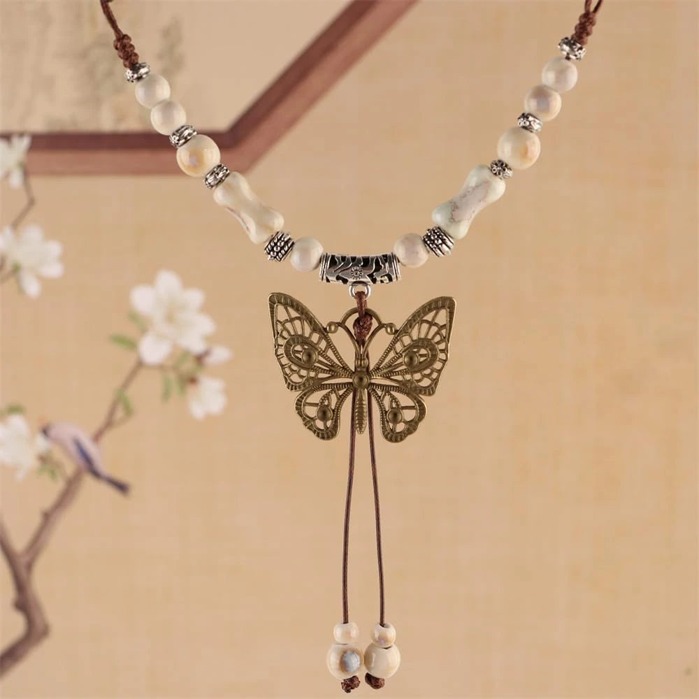 Adjustable Ceramic Bead Butterfly Necklace