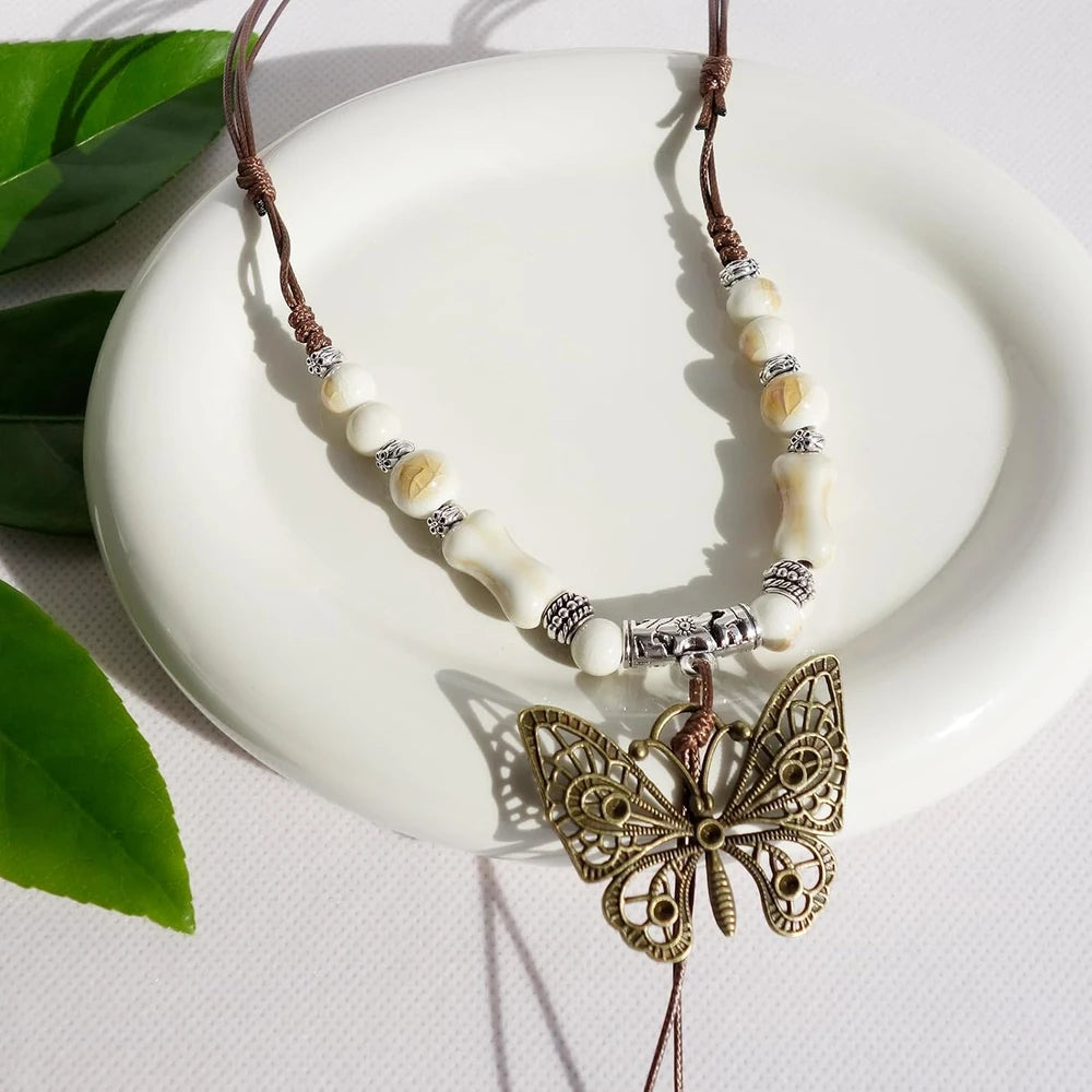 Adjustable Ceramic Bead Butterfly Necklace