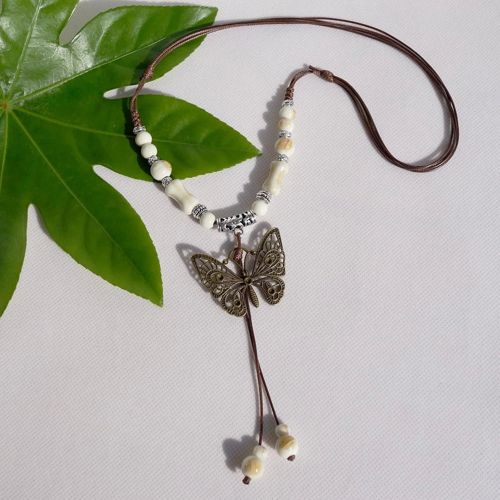 Adjustable Ceramic Bead Butterfly Necklace